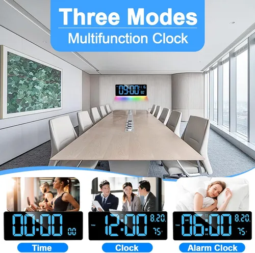 Miniatura 6 de XREXS Reloj de pared digital con pantalla grande, reloj de pared LED de 16.5 pulgadas con 6 luces nocturnas que cambian de color, DST automático