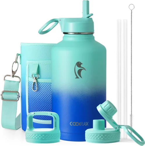 Miniatura 80 de Coolflask Botella de agua de 20 onzas aislada con pajilla, 3 tapas de metal de acero inoxidable, botella de agua de boca ancha para deportes u