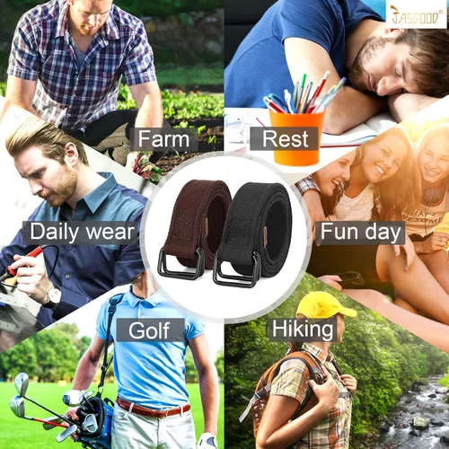Miniatura 7 de JASGOOD Cinturones de tela de lona para hombres y mujeres, cinturones de tela con hebilla de doble anillo negro, paquete de 2