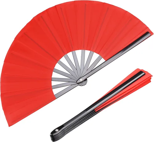 Paquete de 2 ventiladores de mano plegables grandes, ventilador chino rojo de Kung Fu Tai Chi Chi, ventilador de tela de nailon para hombres y