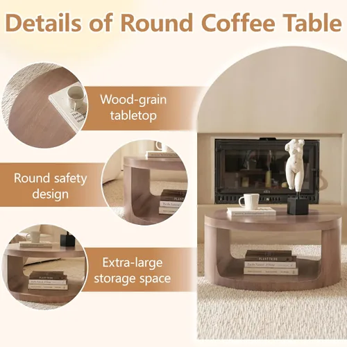 Miniatura 3 de Mesa auxiliar redonda con almacenamiento, mesa moderna de sala de estar de 31 pulgadas, mesas centrales de madera circulares de 2 niveles para Rosa