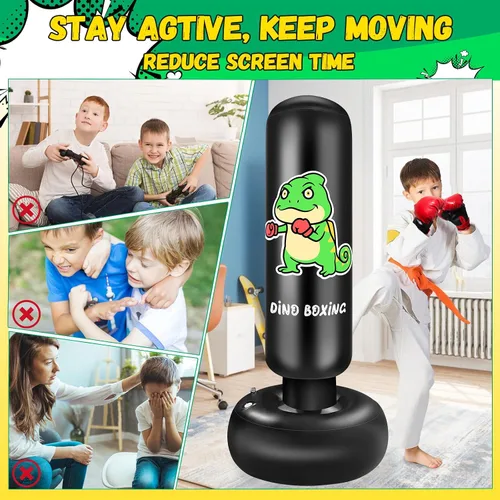 Miniatura 3 de Saco de boxeo inflable para niños, saco de boxeo para niños de 65 pulgadas con guantes para niños y niñas, juego de boxeo para practicar karate