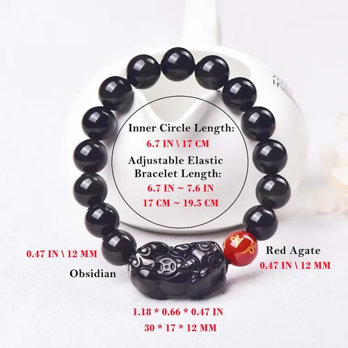 Miniatura 10 de Pulsera de obsidiana negra, pulsera de obsidiana negra Feng Shui para mujeres y hombres, pulsera elástica de obsidiana con piedra de ojo de tigre