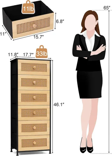 Miniatura 3 de Crestlive Products Cómoda de ratán, torre de almacenamiento alta de tela, cómoda con asas, unidad organizadora para dormitorio, pasillo, entrada