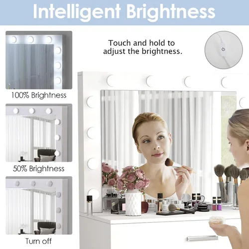 Miniatura 2 de Vabches Tocador de maquillaje con luces, Mesa tocador de maquillaje, Brillo ajustable, Cajón grande tocador resistente para dormitorio estudio
