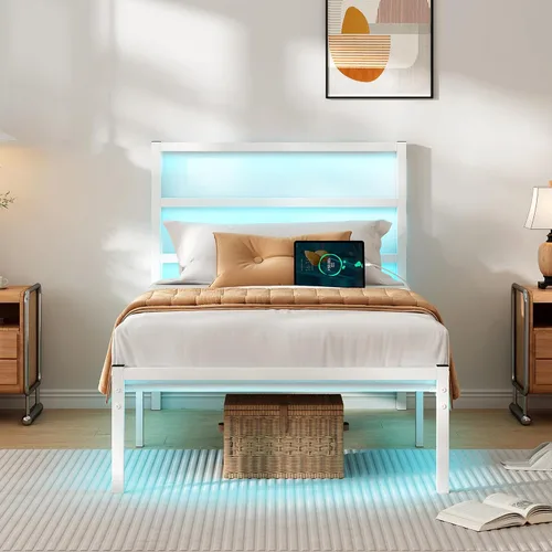 CLIBFENG Base de cama individual con cabecero, soporte de listones de acero resistente, marco de cama LED con estación de carga USB, base de colchón