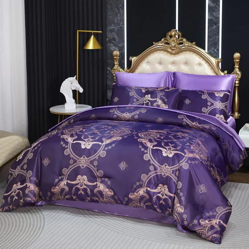 Miniatura 2 de Juego de edredón morado tamaño Queen, juego de sábanas de satén jacquard de 8 piezas bordado neoclásico floral elegante cama decoración del hogar