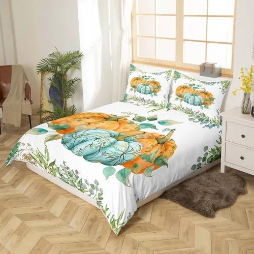 Miniatura 2 de Manfei Juego de funda de edredón de calabazas de otoño, tamaño individual, juego de ropa de cama floral de hojas verdes, 2 piezas para decoración