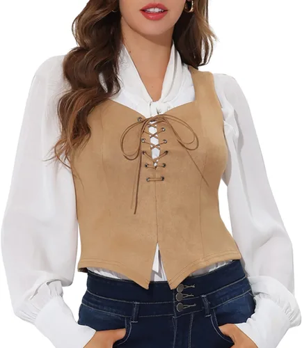 Allegra K Chaleco vintage de gamuza sintética para mujer, cuello corazón, sin mangas, con cordones
