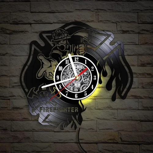 Miniatura 6 de The Geeky Days Reloj de pared LED de bombero, disco de vinilo, 7 colores, cruz maltesa quemada, 12 pulgadas, silencioso, sin tictac, casco