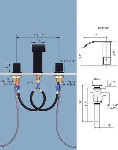 Miniatura 6 de Grifo de baño en cascada de 3 agujeros: ARCORA Grifo de baño amplio de 8 pulgadas, negro mate, moderno grifo de lavabo de baño de 2 manijas