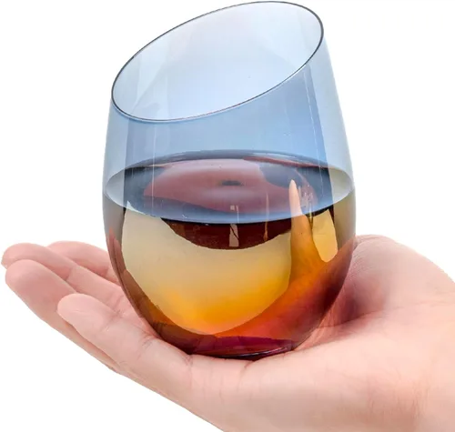 Miniatura 6 de MyGift Copas de vino modernas de 14 onzas sin tallo de vidrio azul iridiscente con borde en ángulo, cristalería transparente con tinte de brillo