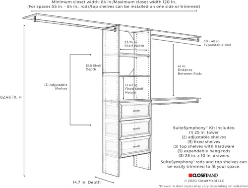 Miniatura 5 de ClosetMaid SuiteSymphony - Kit organizador de armario de madera con torre, 3 barras para colgar, estantes superiores, 3 cajones, ajustable, se