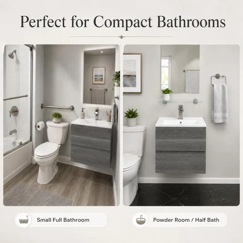 Miniatura 6 de KSWIN Mueble de baño flotante de 24 pulgadas con fregadero, armario de tocador gris montado en la pared con 2 cajones, fregadero de cerámica