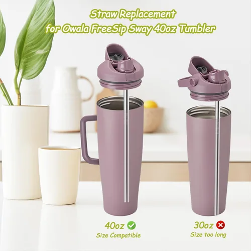 Miniatura 2 de 6 popotes de metal de repuesto compatibles con vaso Owala FreeSip de 40 onzas, con 2 limpiadores de pajitas, popotes reutilizables de acero