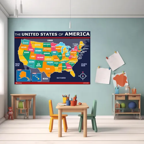 Miniatura 16 de Póster de mapa de Estados Unidos y del mundo 2 unidades para niños laminado azul (actualizado fijo V2.0) Young N Refined (18x24)