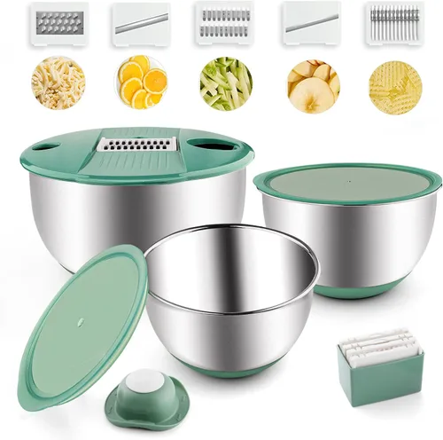 weltonhm Juego de 3 cuencos de acero inoxidable con tapas, cuencos anidables con ralladores, tapas herméticas para cocinar, hornear, preparar (verde)