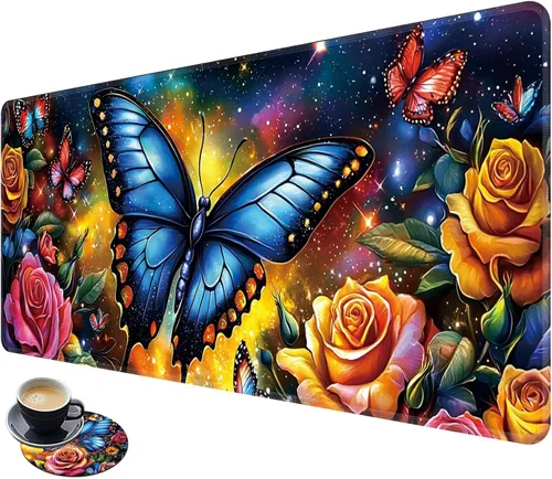 Miniatura 25 de Alfombrilla de mouse extendida grande para videojuegos, 31.5 x 11.8 pulgadas, alfombrilla antideslizante para mouse con bordes cosidos, portavasos