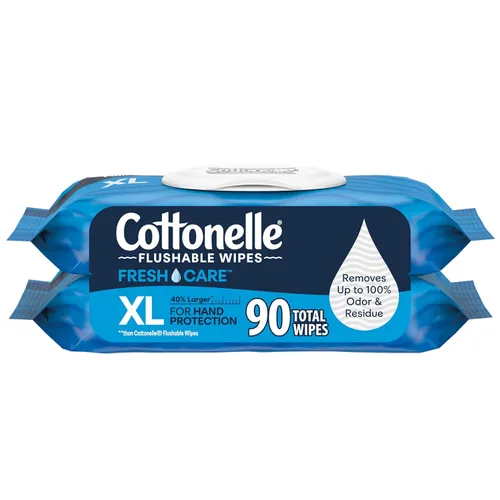 Cottonelle XL Toallitas húmedas desechables, Toallitas para adultos grandes, 2 paquetes de tapa abatible, 45 toallitas por paquete (90 toallitas en