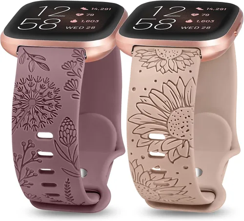 Minyee Paquete de 2 correas con grabado floral compatibles con Fitbit Versa 2/Fitbit Versa/Versa Lite para mujeres, linda correa deportiva de