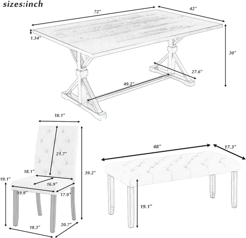 Miniatura 3 de KLMM Juego de mesa de cocina de 6 piezas de madera maciza de mediados de siglo con base de estante con patas cruzadas, 1 banco tapizado y 4 sillas