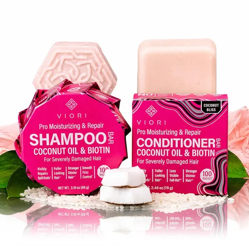 Viori Coconut Advanced Repair barra sin aroma de champú y acondicionador – agua de arroz Longsheng y ésteres de jojoba – sin sulfatos, ecológico,