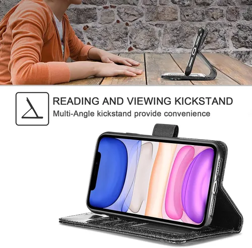 Miniatura 3 de UEEBAI Funda tipo cartera para iPhone 11, funda de piel sintética con purpurina para teléfono, ranuras para tarjetas, funda con función atril