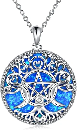 YFN Collar con dije de triple luna y diosa de plata esterlina, pentagrama y ópalo, collar con dije de ópalo pagano, amuleto mágico wiccano, árbol de