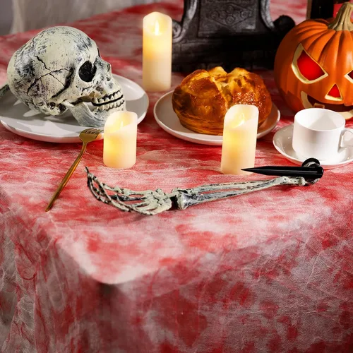 Miniatura 4 de 3 manteles rectangulares de gasa sangrienta de Halloween, 85 x 60 pulgadas, mantel rectangular con estampado de manos sangrientas, mantel de mesa