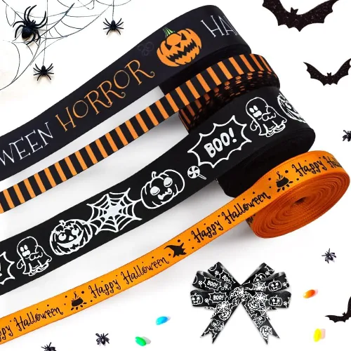 Miniatura 7 de Hying 6 cintas de calabaza de Halloween, 3/8 pulgadas de ancho de satén para manualidades en naranja y negro para envolver regalos y decoraciones