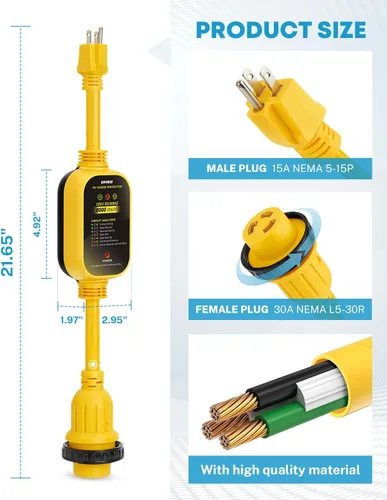 Miniatura 3 de Kohree Adaptador RV de 30 amperios a 110V con protección contra sobretensiones, adaptador de potencia RV de 15 amperios a 30 amperios de 8000 julios