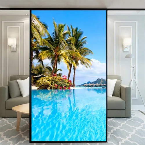 Miniatura 12 de Película decorativa de privacidad esmerilada sin pegamento para ventana, hermoso patrón de playa, puerta de vidrio, ventana, calcomanías
