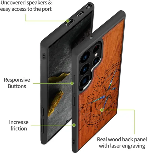 Miniatura 6 de Carveit Funda de madera de diseñador para Samsung Galaxy S22 Ultra [grabado de madera e incrustaciones de carcasa] Diseño único de madera anticaídas