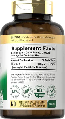 Miniatura 2 de Carlyle Vitamina E seca de 400 UI 120 cápsulas D-alfa tocoferilo Fórmula de alta potencia Sin OMG y sin gluten