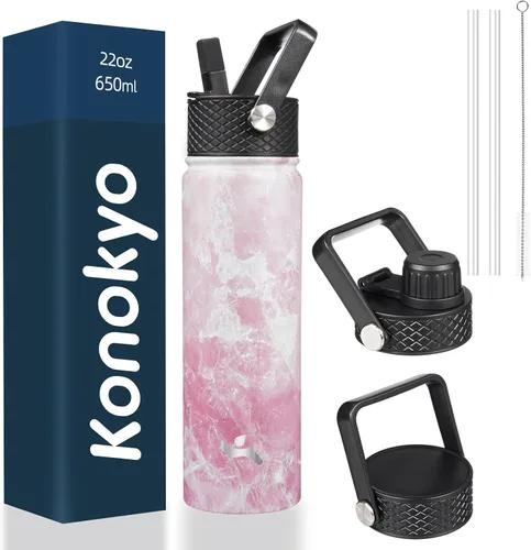 Miniatura 136 de Konokyo - Botella de agua aislada de 18 onzas, botellas deportivas de acero inoxidable con 3 tapas, verde militar