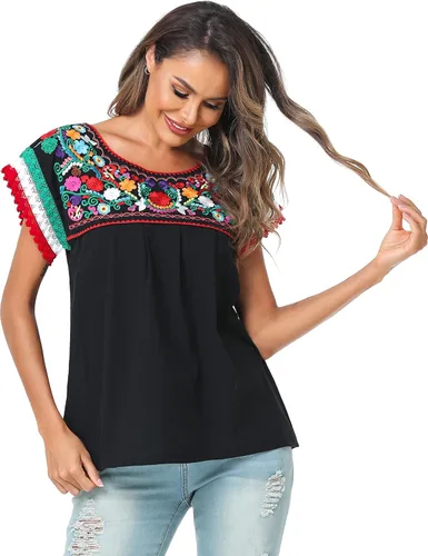 Miniatura 6 de YZXDORWJ Blusa tradicional colorida con encaje bordado mexicano para mujer, camiseta tricolor para el día de la independencia mexicana