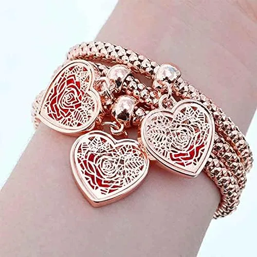 Miniatura 3 de SILANER Pulseras multicapa con dijes de cristal, 3 pulseras de cadena de maíz de oroplataoro rosa para mujer, pulsera elástica en forma de corazón