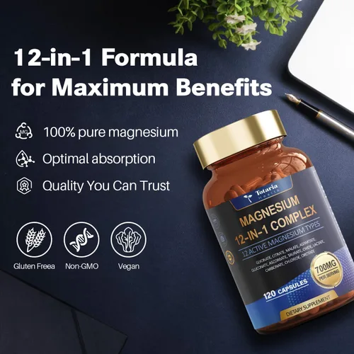 Miniatura 7 de Totaria Complejo de magnesio 700 mg 12 en 1 Suplemento de magnesio con citrato de glicinato óxido de malato taurato aspartato orotato relajación