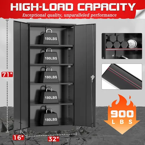 Miniatura 3 de Pataku Armario de almacenamiento de metal con cerradura, gabinete de garaje negro de 71 pulgadas de alto con 2 puertas y 4 estantes ajustables
