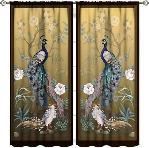 JESTRONRY Cortinas opacas de peonía de pavo real, estilo chino asiático, vintage, decoración japonesa, cortinas opacas para puerta de ventana para