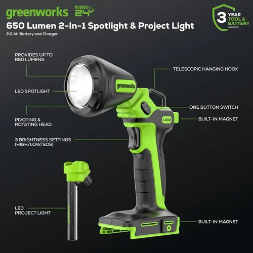 Miniatura 2 de Greenworks - Taladro de impacto inalámbrico de 24 V y kit de luz de trabajo 2 en 1 con 2 baterías de 2 Ah y cargador – Sin escobillas, liviano