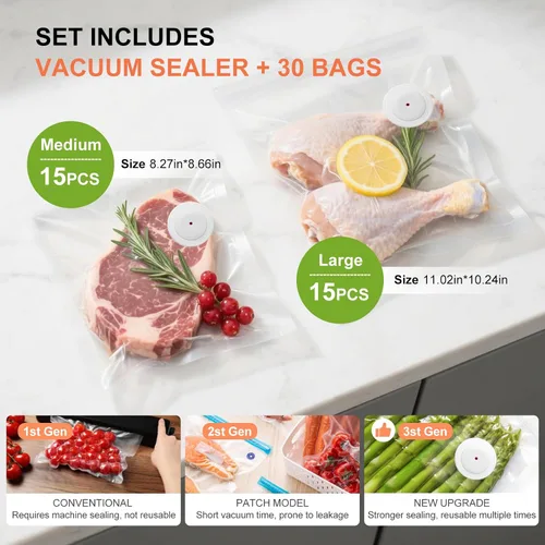 Miniatura 5 de Máquina Selladora al Vacío Compacta para Almacenamiento de Alimentos, Selladora al Vacío Rápida de 5S Potente con 30 Bolsas al Vacío Reutilizables