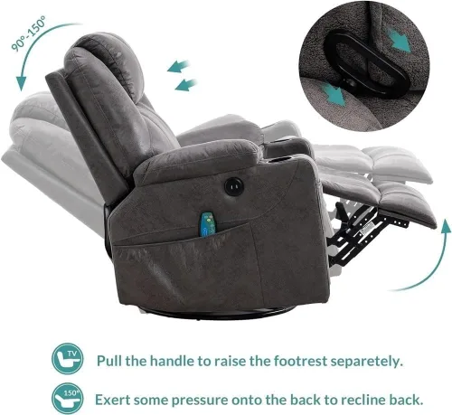 Miniatura 5 de Electric Swivel Rocker Recliner with Massage & Heat Power Reclining Lounge Chair with Remote, Cup Holders, USB Ports Oversized Gray Glider Recliner