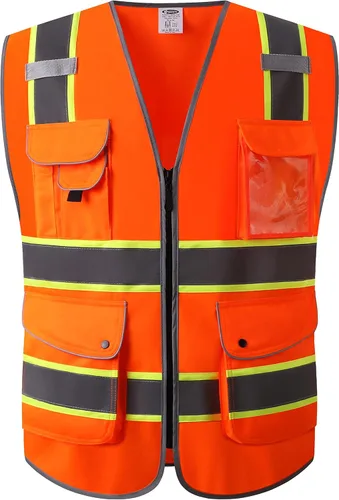 Miniatura 12 de JKSafety Chaleco de seguridad frontal con cremallera de alta visibilidad de 9 bolsillos de color dual MESH Lite Tira reflectante con ribete