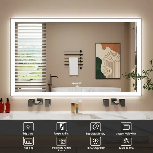 Miniatura 2 de Espejo de baño LED de 60x36 pulgadas con marco negro, espejos de baño retroiluminados y con luz frontal para pared, antiempañamiento, regulable