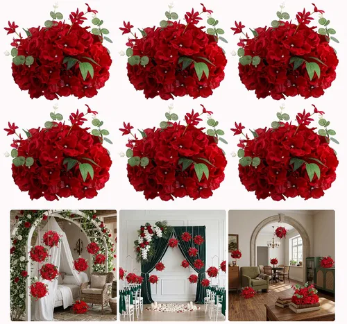 Miniatura 12 de 10 centros de mesa de bola de flores artificiales para bodas, bolas de beso, rosas de seda rojas, arreglos florales románticos para compromiso
