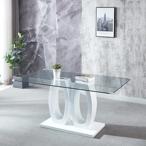 Miniatura 12 de Mesa de comedor rectangular moderna de vidrio, mesa de cocina de vidrio con parte superior de vidrio templado transparente y pedestal de base doble