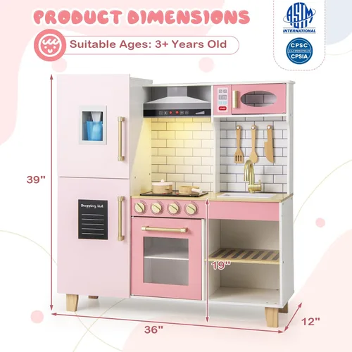 Miniatura 7 de Costzon Juego de Cocina Infantil de Madera, Cocina de Simulación con Parrilla BBQ, Fabricador de Hielo, Campana Extractora, Pizarra y Accesorios