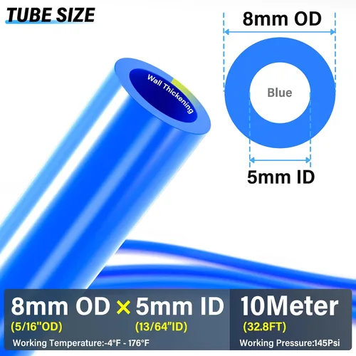 Miniatura 2 de TAILONZ PNEUMATIC, manguera de aire de poliuretano, tubo, tubo de 10 metros, 8 mm DI x 5 mm DE, color azul Azul PU.