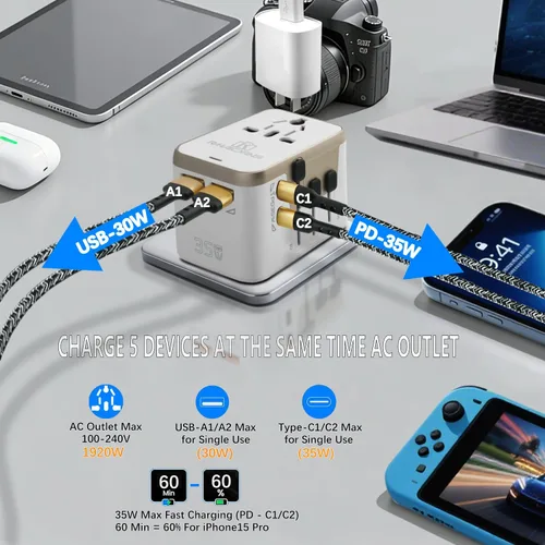 Miniatura 2 de Adaptador de viaje universal con 4 puertos (2 USB-C y 2 USB-A) Adaptador de corriente todo en uno de carga rápida de 35 W en todo el mundo para EE.
